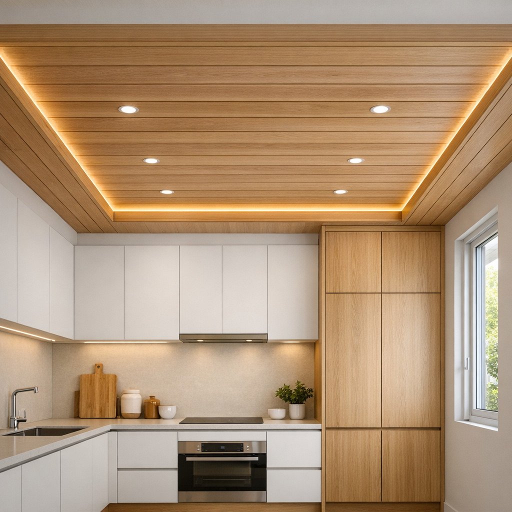 Plafon dapur dengan sentuhan kayu natural menghadirkan suasana hangat dan homey yang langsung terasa sejak pertama masuk. Cocok untuk kamu yang ingin dapur minimalis tapi tetap punya karakter dan kedalaman visual