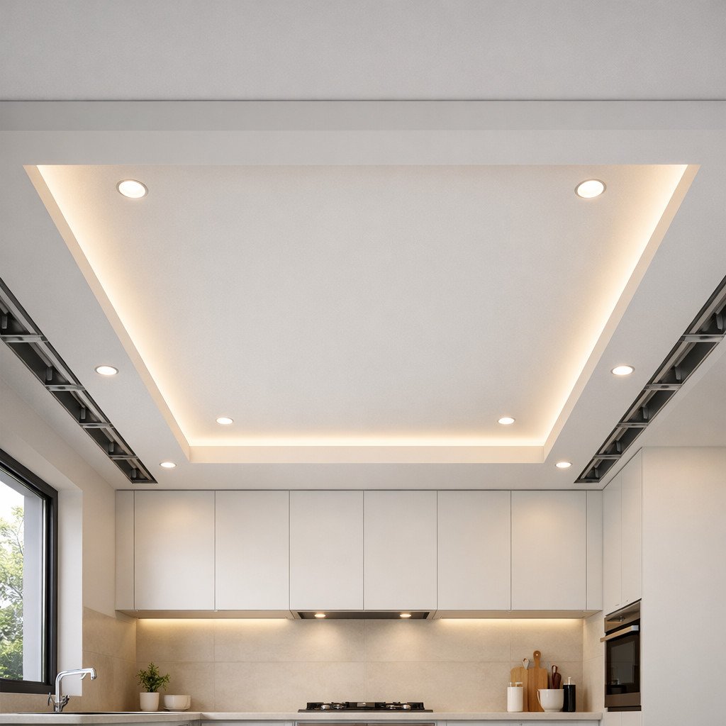 Plafon drop ceiling dengan cove light menghadirkan kesan modern elegan melalui pencahayaan lembut tersembunyi—membuat dapur terlihat lebih premium tanpa kehilangan fungsi pencahayaan utama