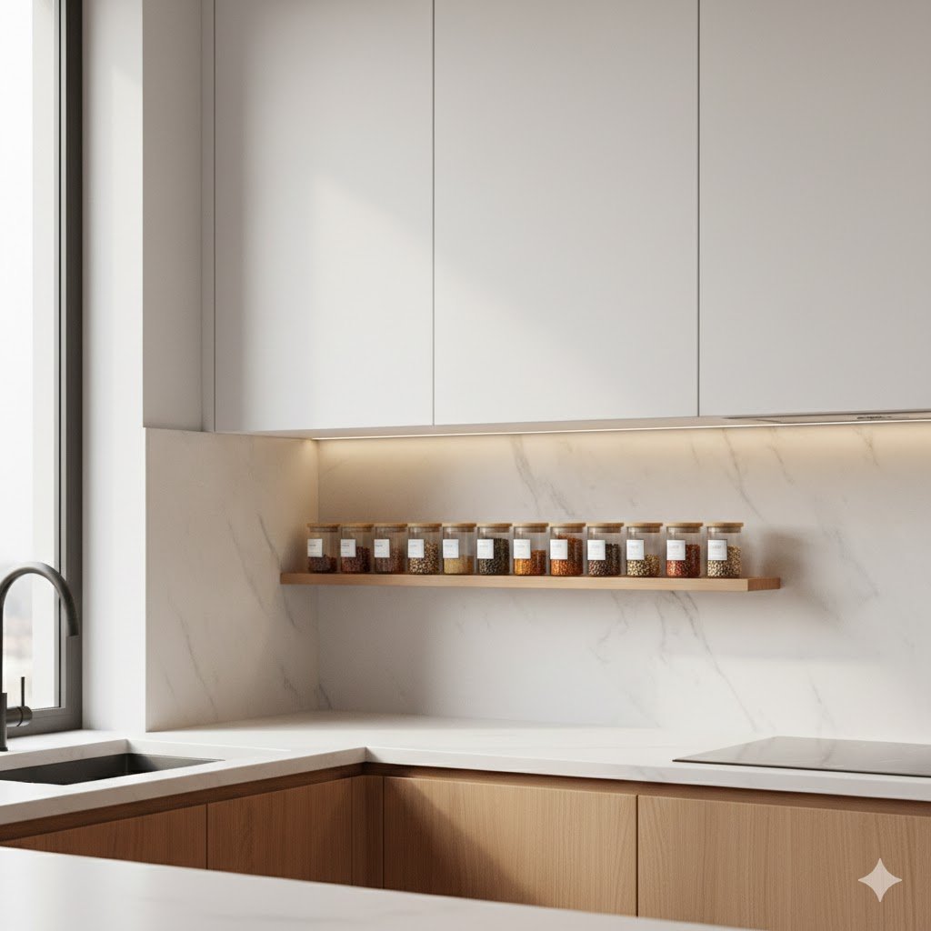 Rak bumbu dapur minimalis terintegrasi dengan kitchen set modern berwarna putih dan aksen kayu yang terlihat rapi serta fungsional