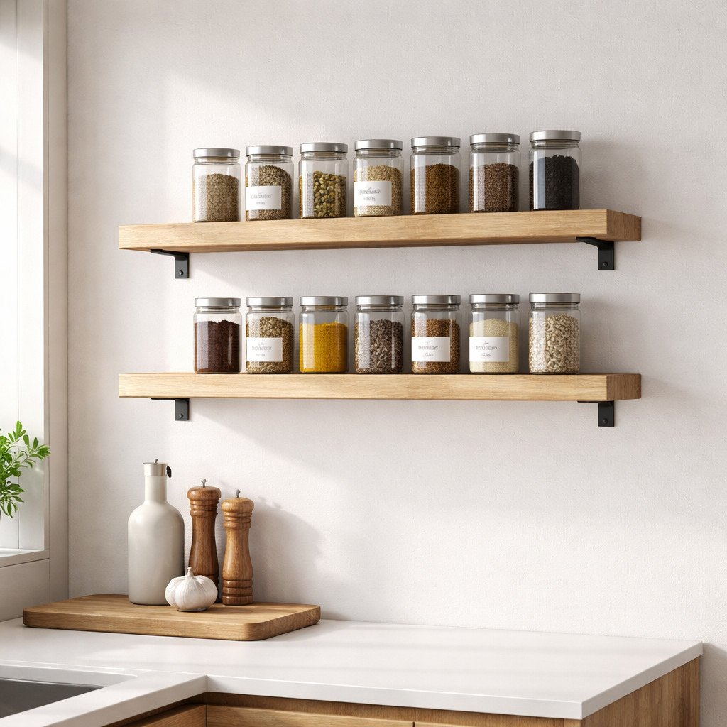 Rak bumbu dapur model floating ini jadi solusi praktis untuk dapur minimalis—hemat ruang, mudah dijangkau, dan tetap terlihat rapi dengan susunan toples yang seragam