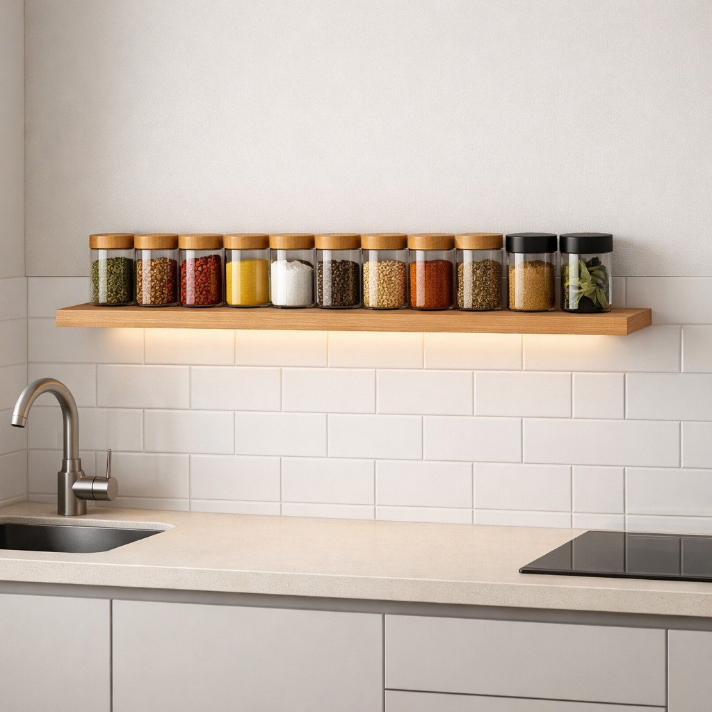 Rak bumbu floating minimalis ini memberikan tampilan ringan dan modern tanpa membebani dinding, cocok untuk dapur kecil yang ingin tetap rapi, fungsional, dan terlihat bersih secara visual