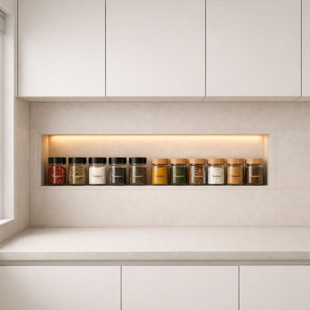 Rak bumbu recessed yang menyatu dengan backsplash ini memberikan tampilan dapur yang super rapi, seamless, dan elegan—solusi cerdas untuk kamu yang ingin dapur terlihat clean tanpa tambahan elemen menonjol