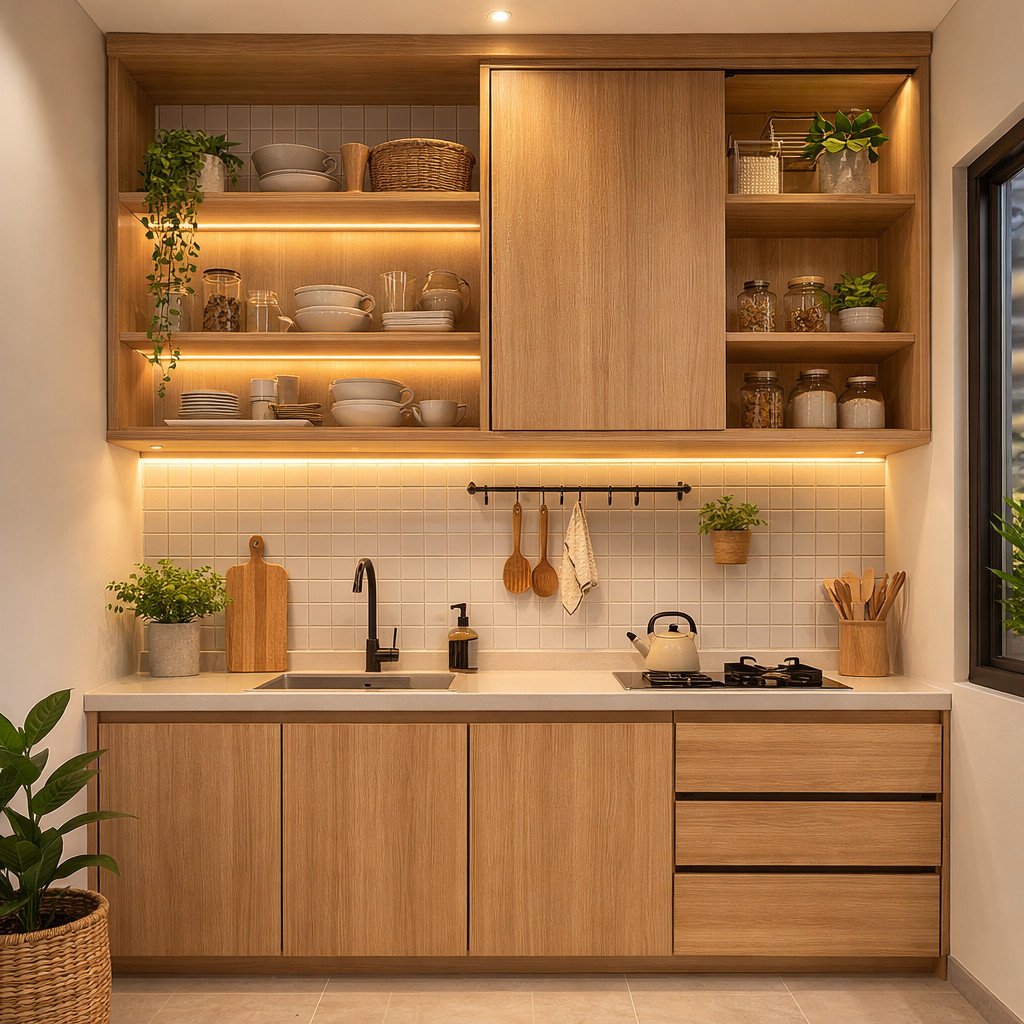 Rak dapur Japandi dengan kayu natural yang hangat dan rapi