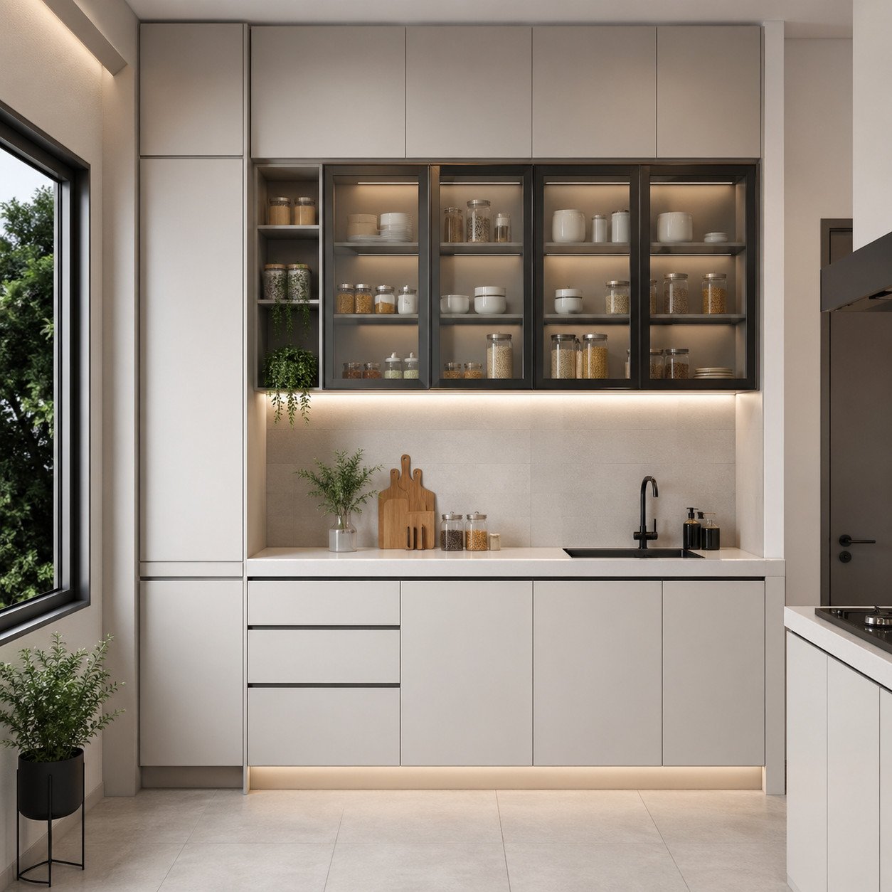Rak dapur built-in hingga plafon ini memaksimalkan ruang vertikal secara optimal, memberikan kapasitas penyimpanan besar dengan tampilan tetap rapi, modern, dan menyatu dengan keseluruhan desain dapur
