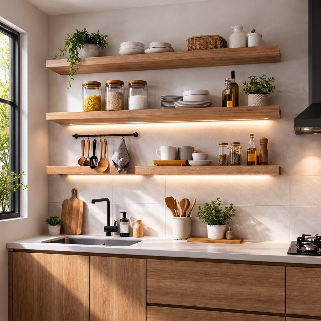 Rak dapur floating minimalis yang membuat dapur terasa lebih lega