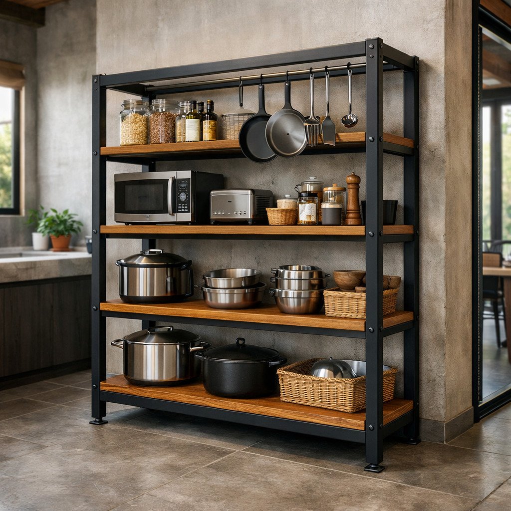 Rak dapur industrial berdiri dengan rangka besi kuat dan rak kayu tebal
