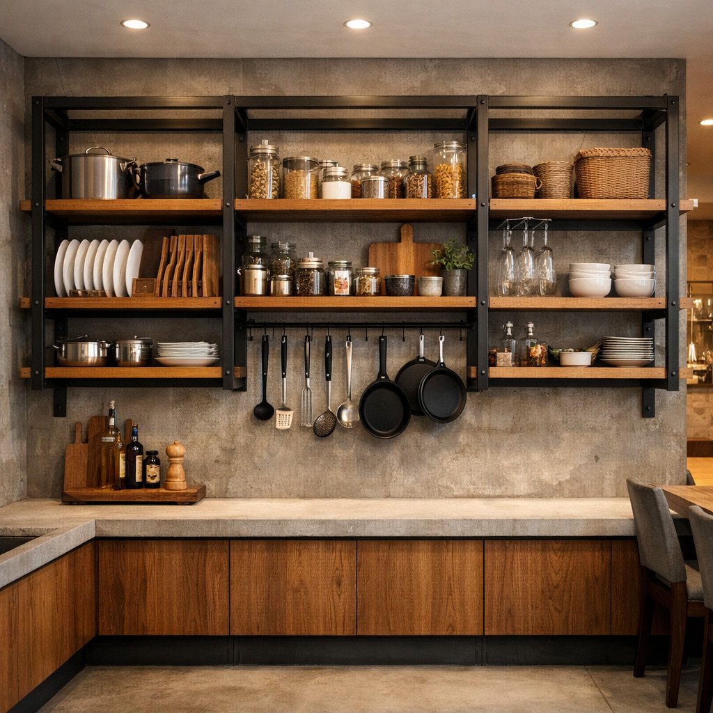 Rak dapur industrial besar dengan kombinasi besi hitam dan kayu hangat