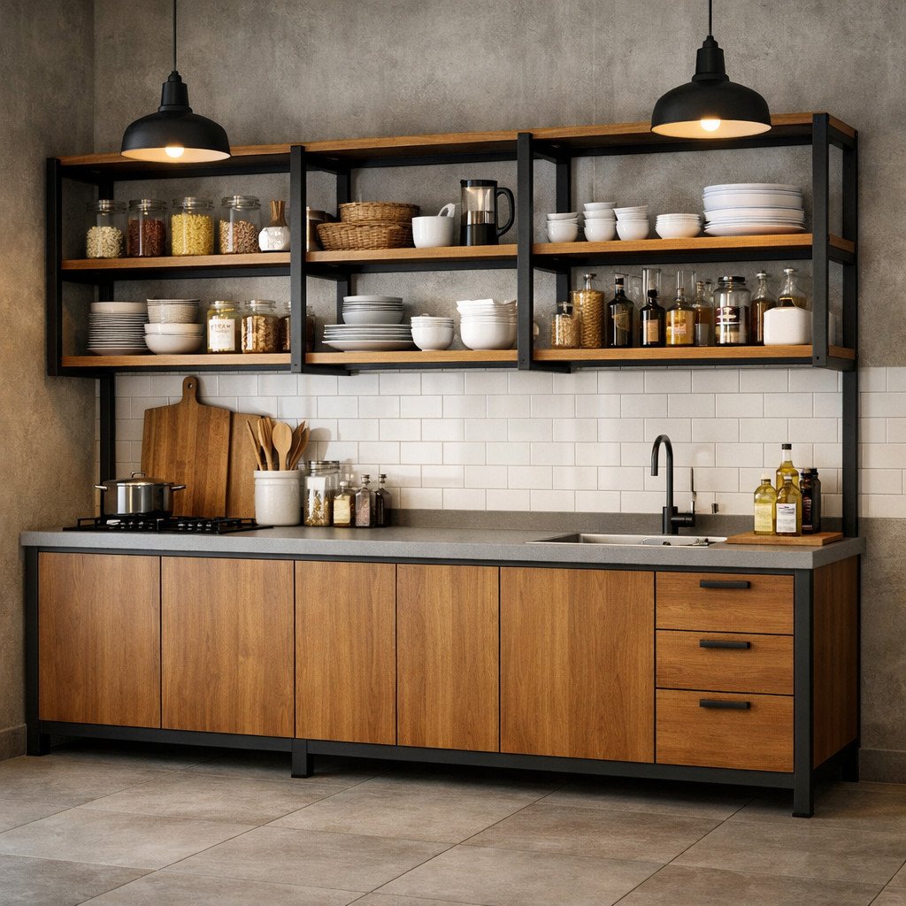Rak dapur industrial dengan kabinet bawah yang rapi dan fungsional