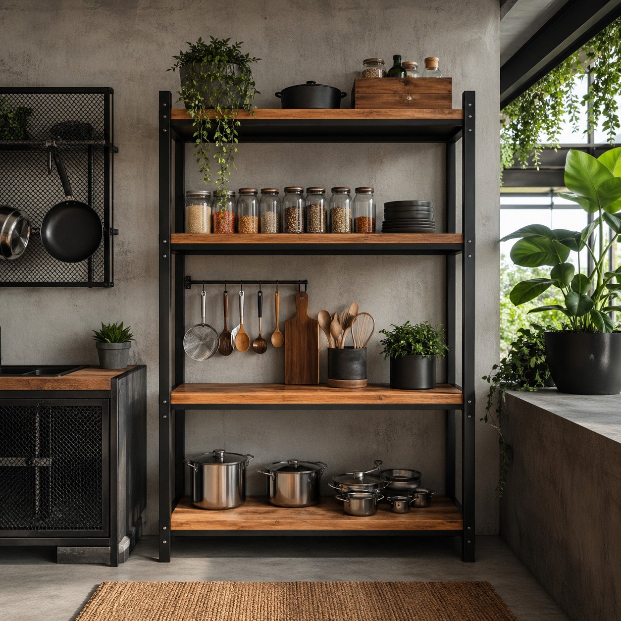Rak dapur industrial dengan kombinasi besi hitam dan kayu natural menghadirkan kesan kuat, maskulin, dan modern—pilihan tepat untuk dapur kecil yang ingin tampil lebih stylish dan berkarakter