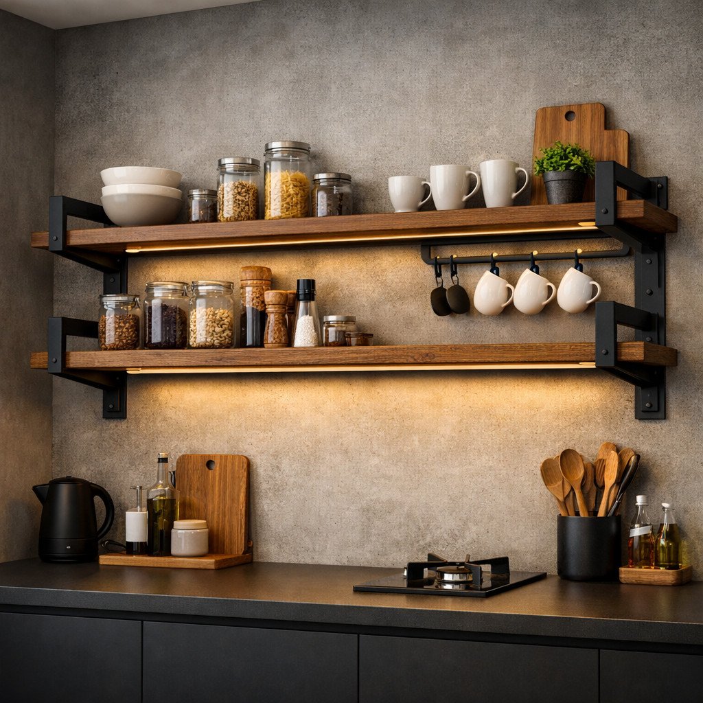 Rak dapur industrial dengan lighting hangat yang terlihat modern dan elegan