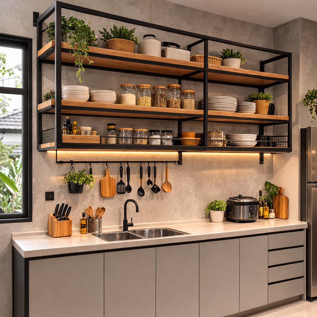 Rak dapur industrial dengan rangka besi dan kayu yang kuat dan modern