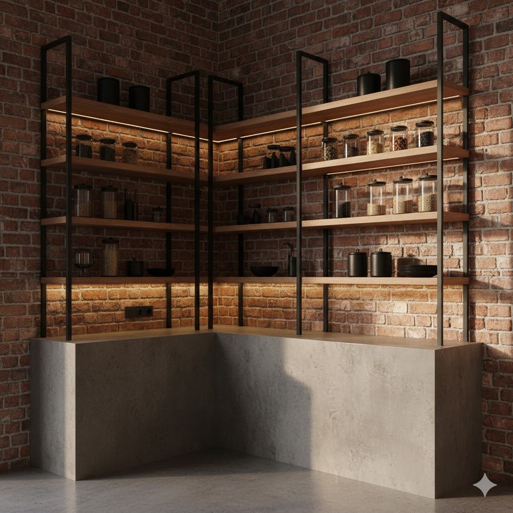 Rak dapur industrial dengan rangka besi hitam dan papan kayu natural yang menyatu dengan dinding bata ekspos menciptakan karakter dapur yang tegas dan hangat