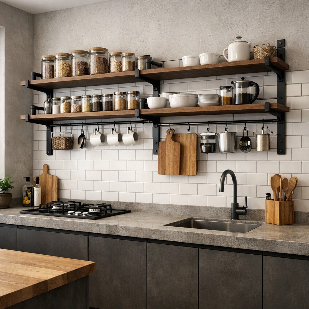 Rak dapur industrial dinding yang simpel tapi tetap berkarakter