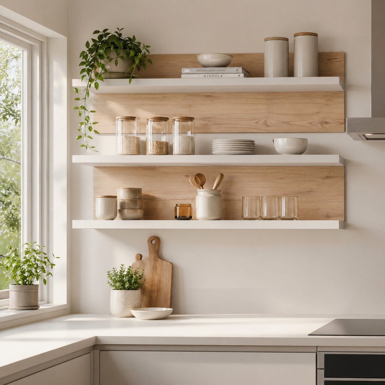 Rak dapur minimalis Scandinavian dengan kombinasi putih dan kayu terang ini memberikan kesan bersih, ringan, dan luas—cocok untuk dapur kecil agar tetap fungsional dan estetik
