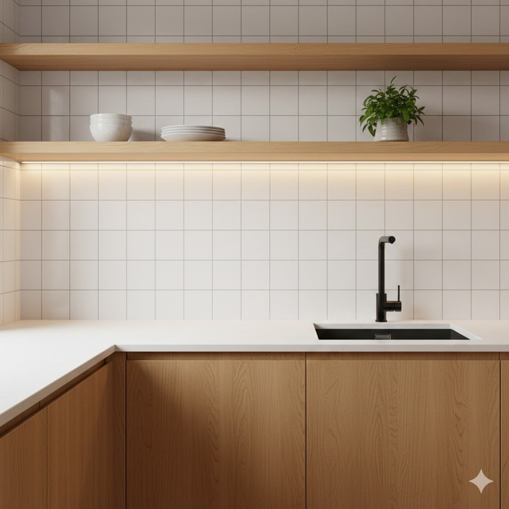 Rak dapur minimalis dengan floating shelf kayu natural dan kitchen set putih bersih yang menciptakan suasana dapur ringan dan tertata rapi