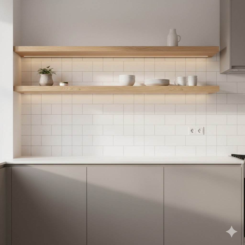 Rak dapur minimalis dengan kombinasi rak melayang dan kabinet built-in dalam nuansa terang yang rapi dan fungsional untuk dapur modern compact