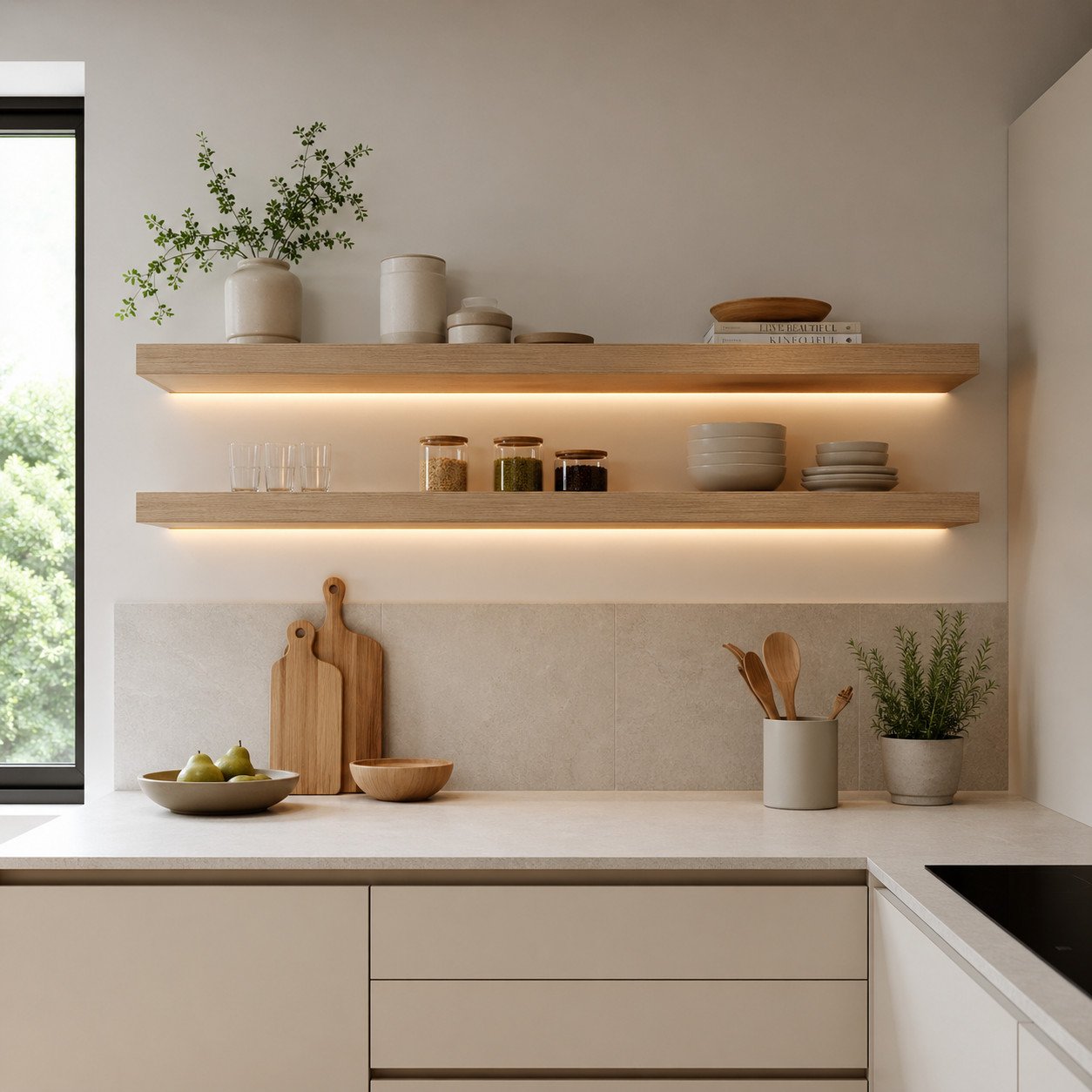 Rak dapur minimalis model floating memberikan kesan ringan dan modern tanpa membuat ruang terasa penuh—solusi fungsional yang simpel namun tetap estetik untuk dapur kecil