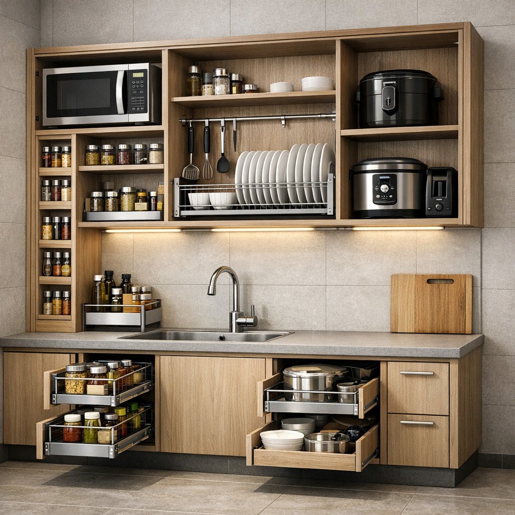Rak dapur minimalis multifungsi untuk dapur kecil yang tetap rapi