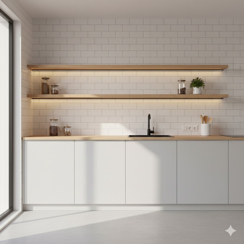 Rak dapur minimalis tempel dinding model floating kayu dengan pencahayaan hangat yang membuat dapur kecil terasa lebih rapi dan fungsional