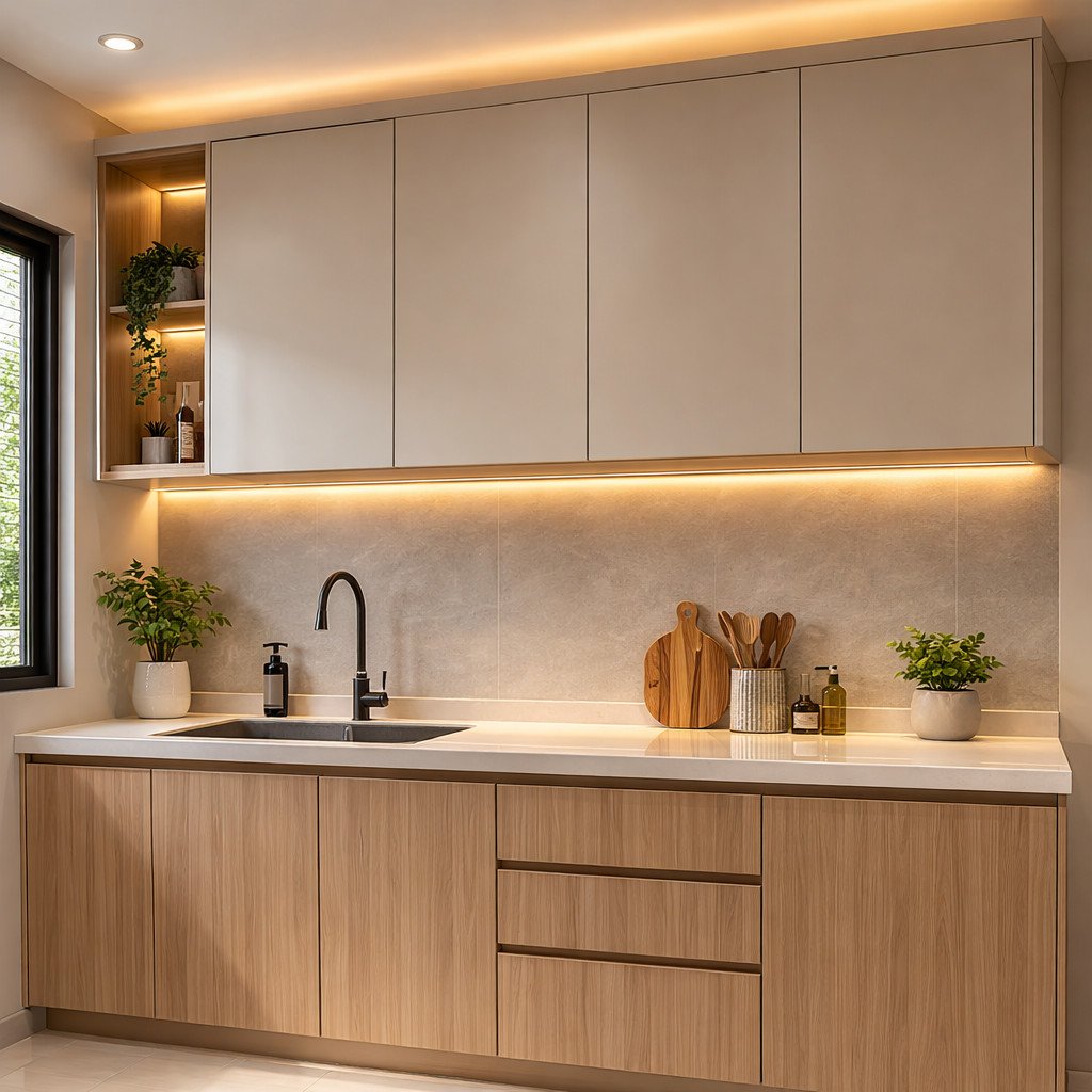 Rak dapur minimalis tertutup yang membuat dapur terlihat rapi