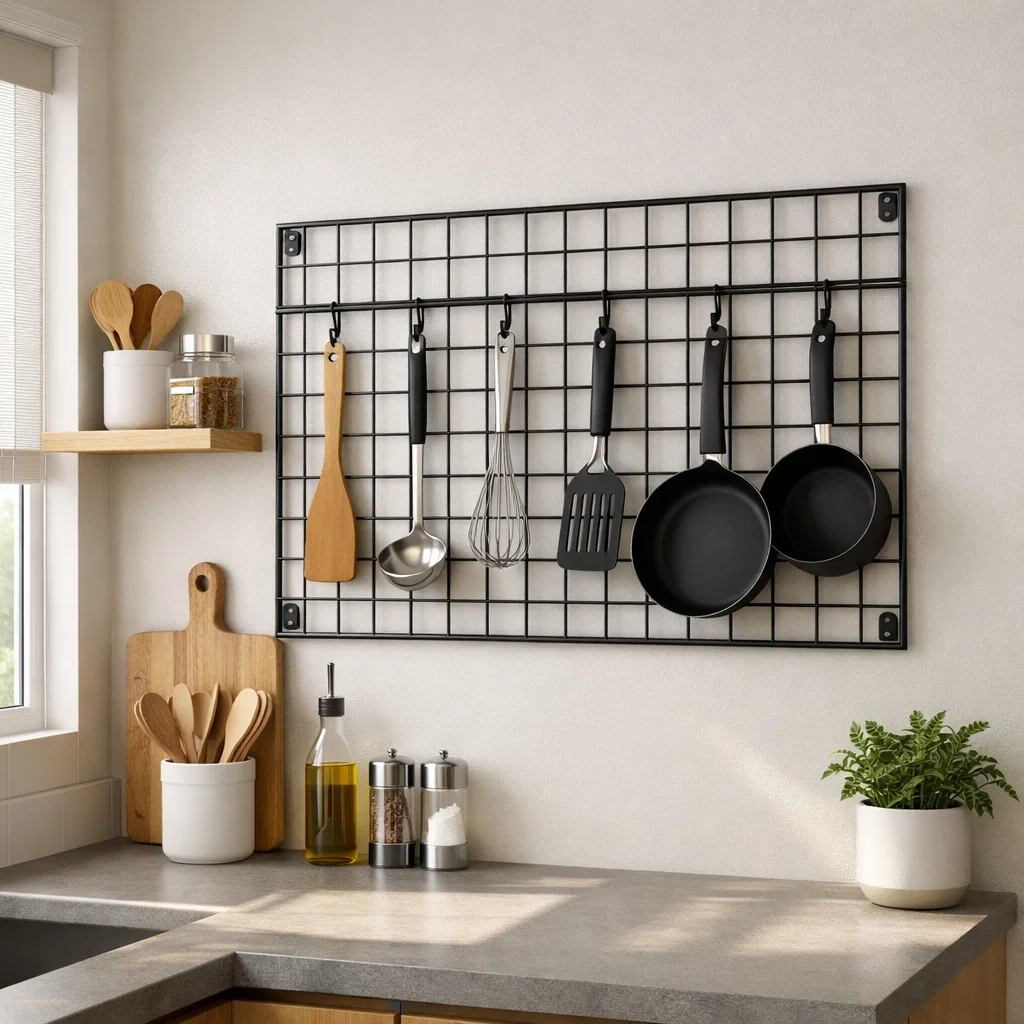Rak dapur model grid organizer jadi solusi praktis untuk dapur kecil—fleksibel, hemat ruang, dan memudahkan akses alat masak tanpa membuat area terlihat penuh