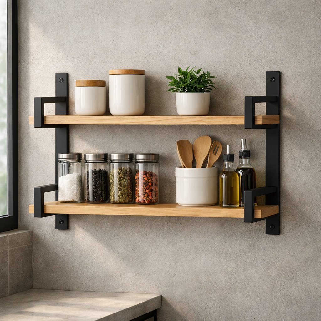 Rak dinding dapur dengan kombinasi kayu dan frame besi hitam ini menghadirkan nuansa industrial minimalis yang kuat, tetap fungsional, dan cocok untuk dapur modern dengan karakter tegas namun rapi