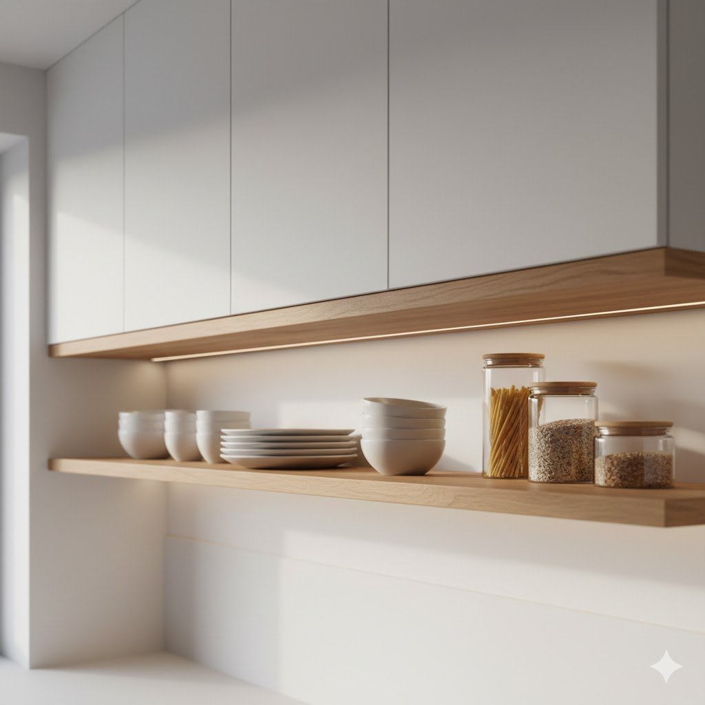 Rak dinding kayu natural dengan finishing matte yang memberikan kesan hangat dan modern pada dapur minimalis