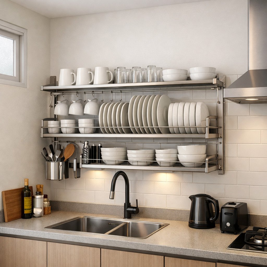 Rak piring dinding gantung yang modern dan praktis untuk dapur kecil