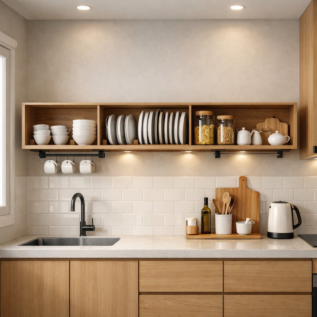 Rak piring floating yang modern, bersih, dan terbuka di dapur minimalis