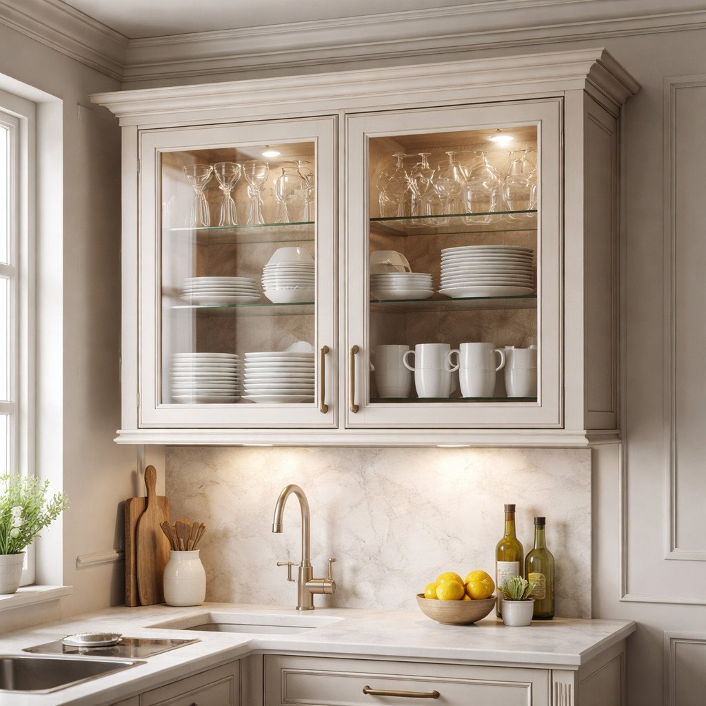 Rak piring klasik dengan pintu kaca yang elegan dan fungsional