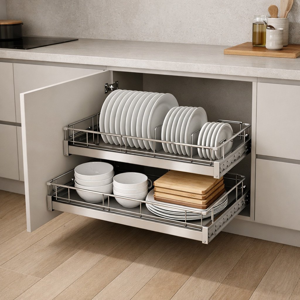 Rak piring minimalis tarik untuk dapur rapi dan terorganisir