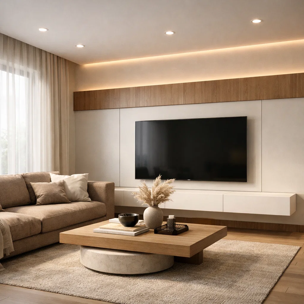 Ruang tamu modern dengan komposisi rapi, pencahayaan hangat, dan nuansa netral yang menciptakan suasana nyaman dan elegan