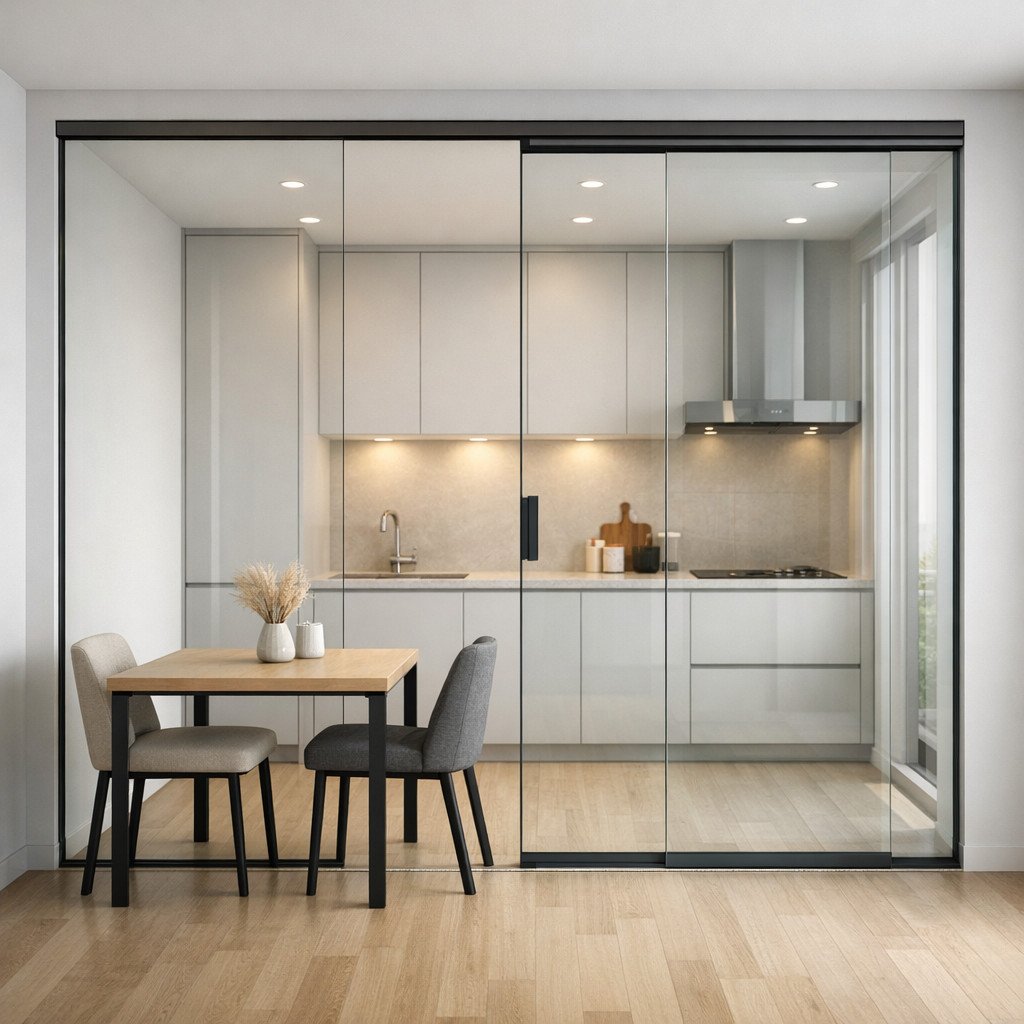 Sekat dapur dengan kaca frameless memberikan batas ruang tanpa menghilangkan kesan luas—solusi modern yang tetap fungsional untuk menahan asap sekaligus menjaga tampilan tetap clean dan elegan
