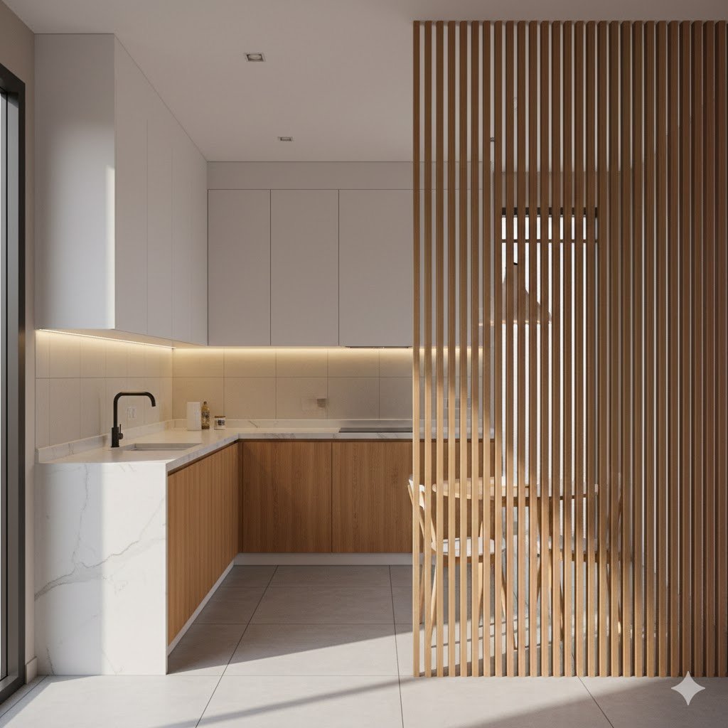 Sekat dapur minimalis dengan partisi kisi kayu vertikal yang memisahkan dapur dan ruang makan secara elegan namun tetap terasa terbuka