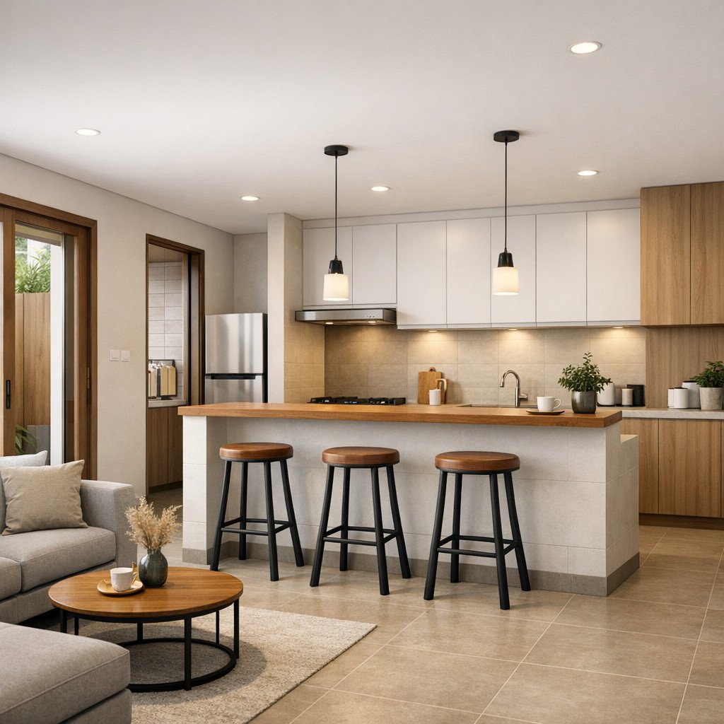 Sekat half wall dengan meja bar untuk ruang tamu dan dapur minimalis