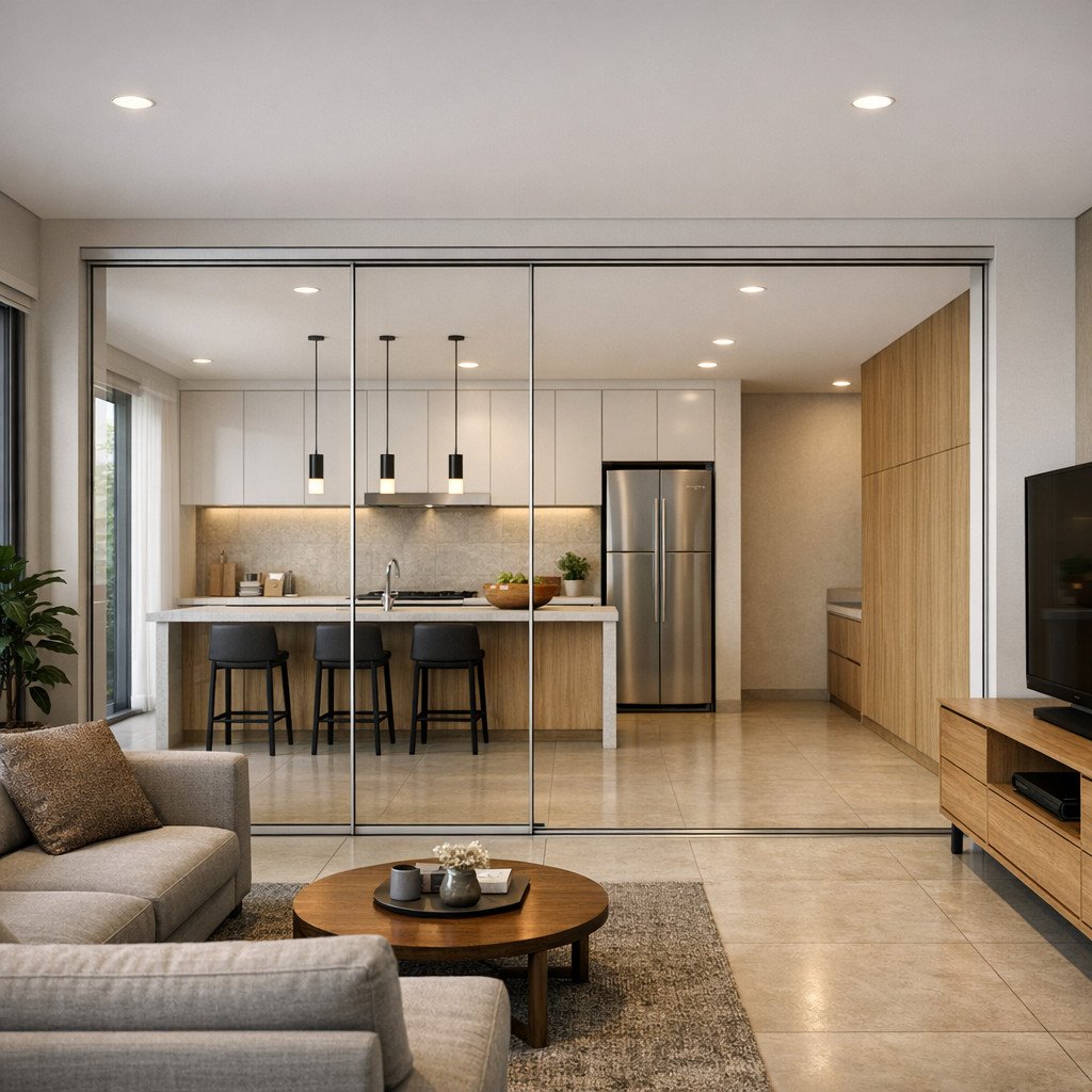 Sekat kaca sliding minimalis yang membuat ruang tetap terasa luas