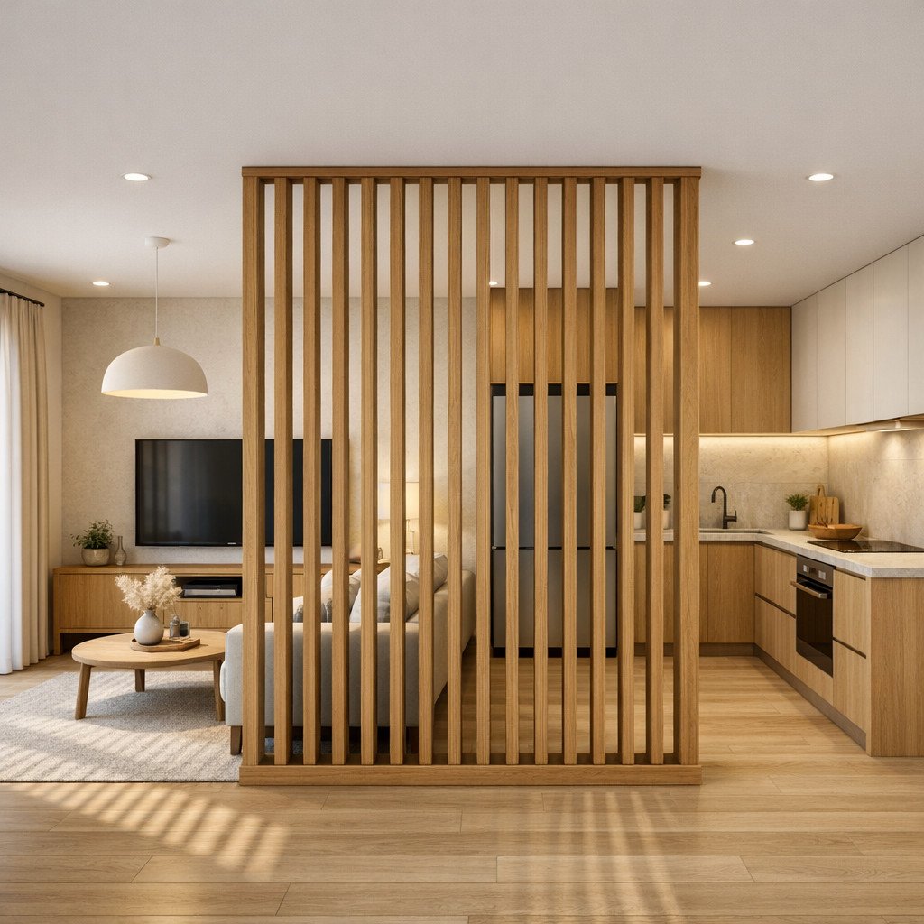 Sekat kisi kayu vertikal yang hangat tanpa menutup ruang sepenuhnya