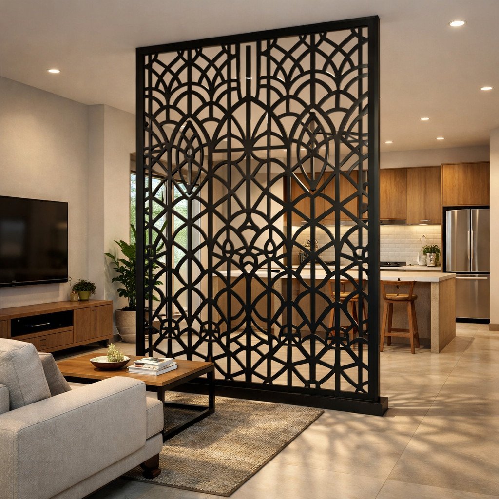 Sekat panel geometris artistik yang memisahkan ruang tamu dan dapur
