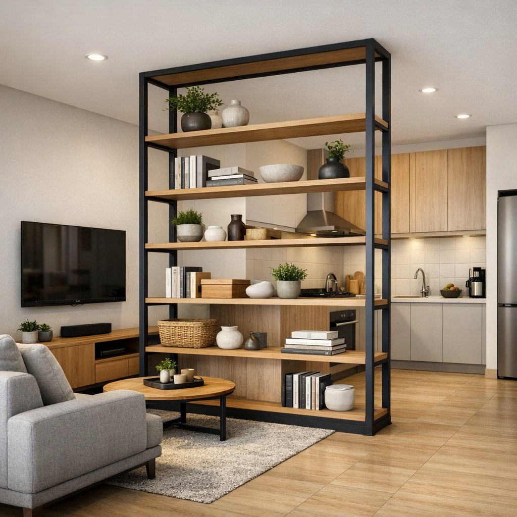Sekat rak terbuka yang membagi ruang tamu dan dapur dengan elegan