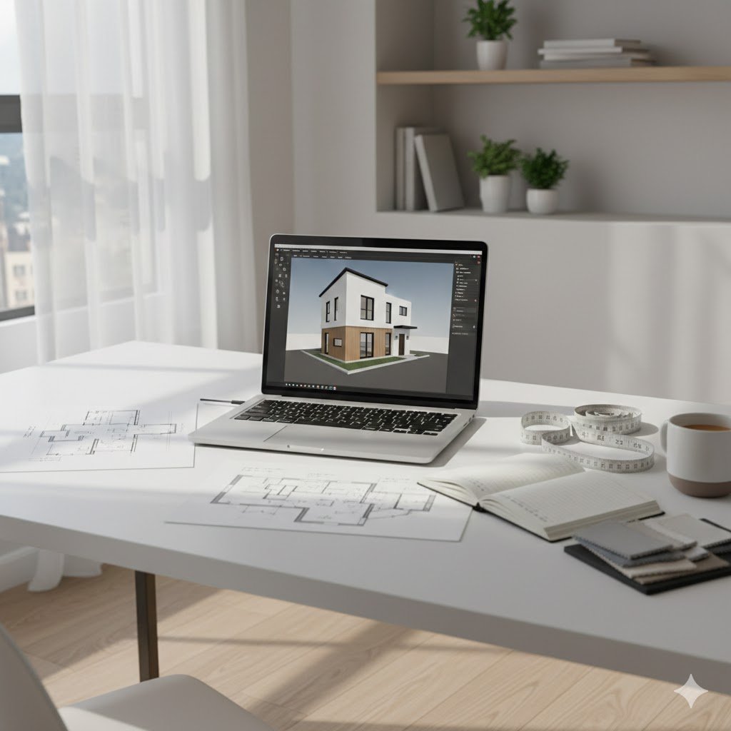 Simulasi penggunaan aplikasi desain rumah di meja kerja modern dengan tampilan model 3D dan sketsa denah yang realistis serta profesional