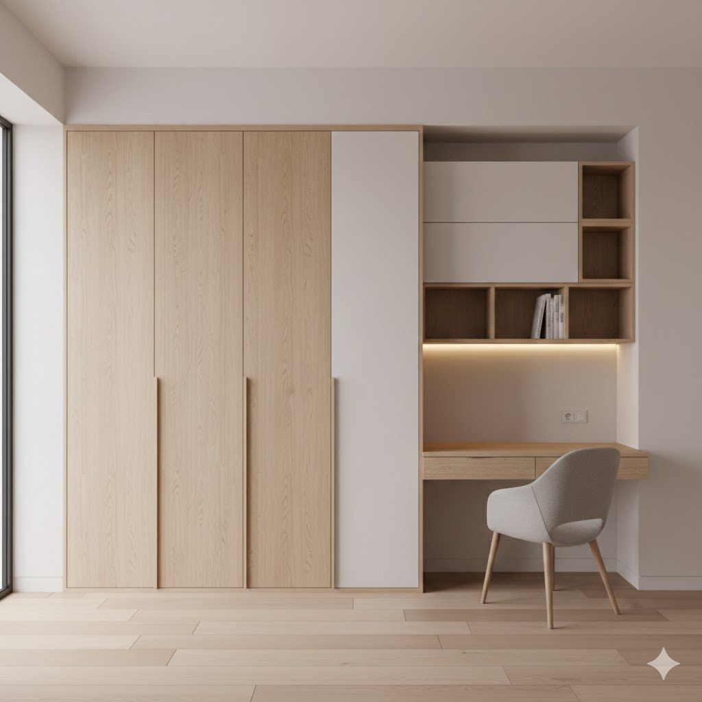 Sistem lemari dan meja belajar multifungsi yang menyatu dalam satu dinding dengan finishing kayu terang dan pencahayaan hangat yang rapi serta fungsional