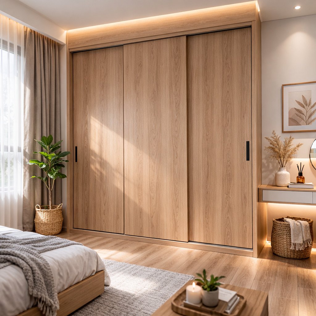 Sliding door lemari motif kayu yang hangat dan modern