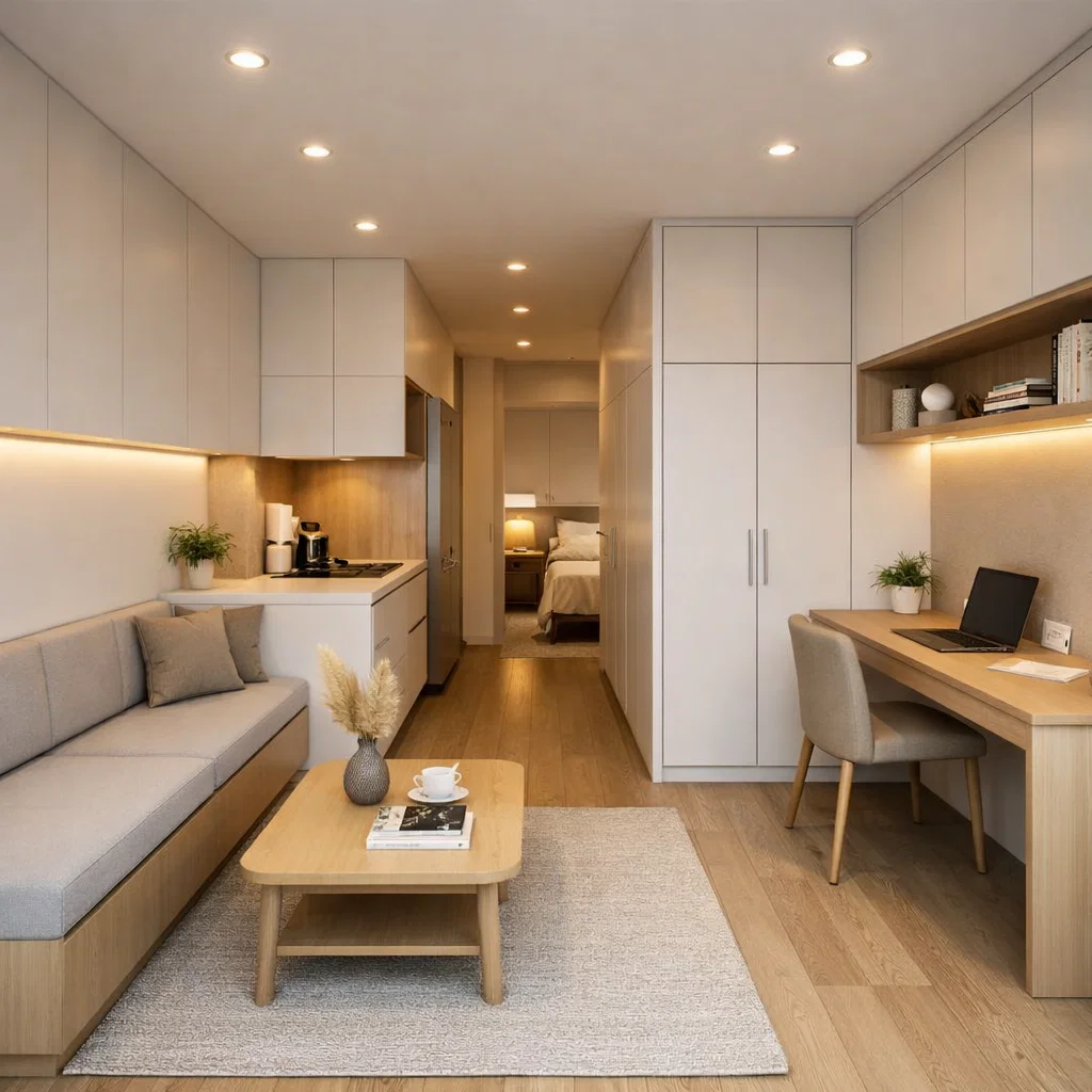 Smart storage 6x10 yang benar-benar fungsional—built-in full height, bench storage tersembunyi, dan area kerja menyatu bikin rumah selalu rapi