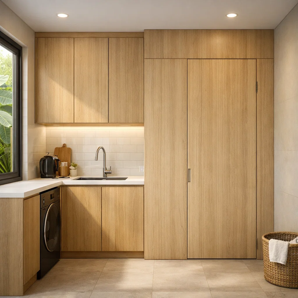 Tampilan area servis rumah modern dengan dapur linear minimalis yang menyatu rapi dengan dinding kamar mandi melalui konsep panel tersembunyi dan pencahayaan hangat yang nyaman