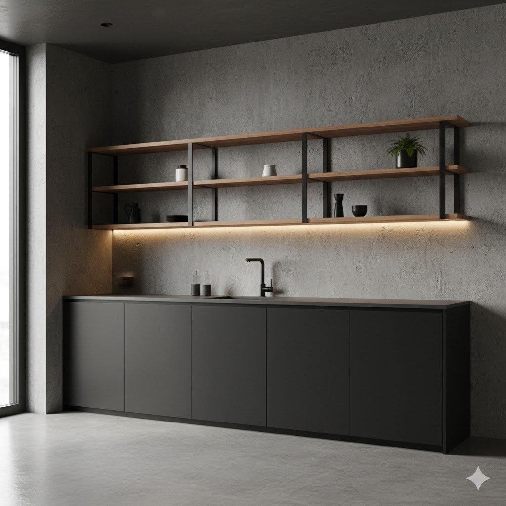 Tampilan dapur industrial minimalis dengan kabinet hitam matte, aksen kayu hangat, dan dinding beton ekspos yang terlihat tegas namun tetap rapi dan modern