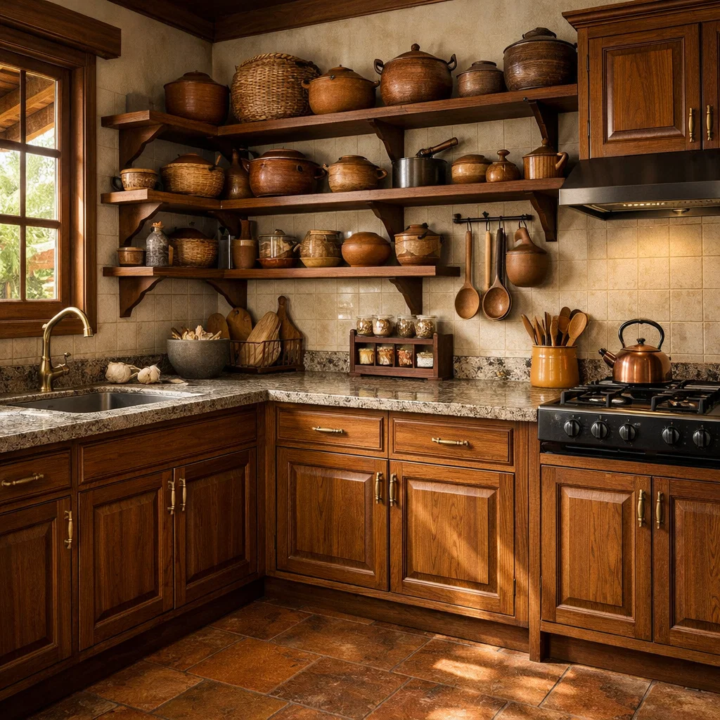 Tampilan dapur kayu tradisional dengan kabinet jati berpanel klasik dan suasana hangat yang menonjolkan tekstur alami kayu dan detail tradisionalnya