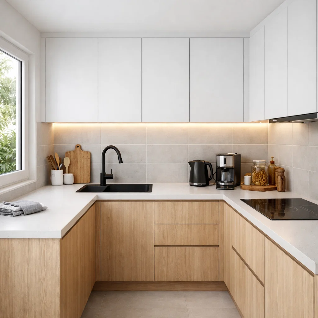 Tampilan dapur kecil bentuk L dengan komposisi kabinet rapi dan pencahayaan hangat yang membuat ruang terasa lebih luas dan nyaman