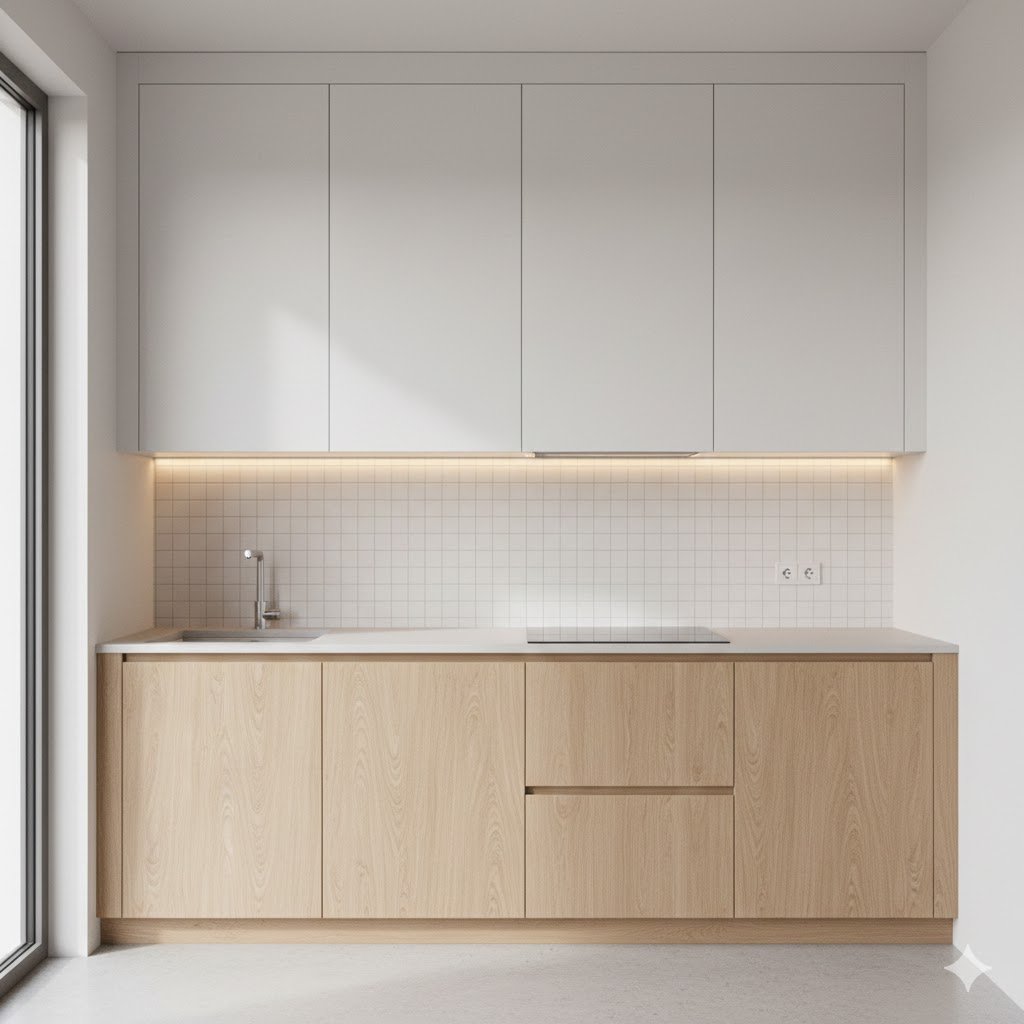 Tampilan dapur kecil dengan kabinet full height warna terang dan pencahayaan hangat yang menciptakan kesan rapi serta lebih luas secara visual