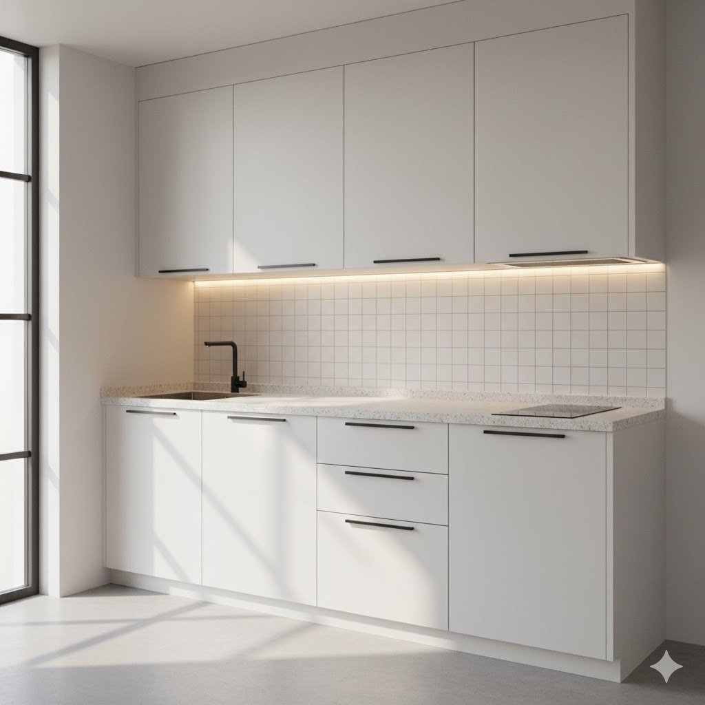 Tampilan dapur kecil dengan kitchen set aluminium minimalis yang rapi dan terang sehingga ruang sempit terasa lebih lega dan terorganisir dengan baik