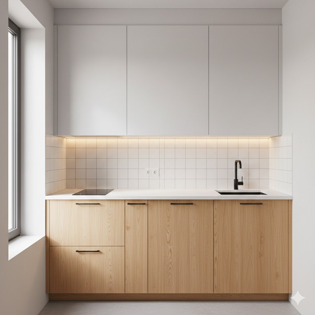 Tampilan dapur kecil dengan kitchen set minimalis satu garis yang rapi dan efisien dengan kombinasi putih dan aksen kayu terang yang terasa bersih serta modern